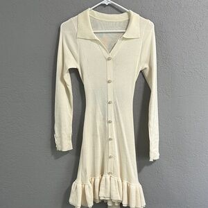 Cream Button-Up Mini Dress with Open Back & Bow Detail